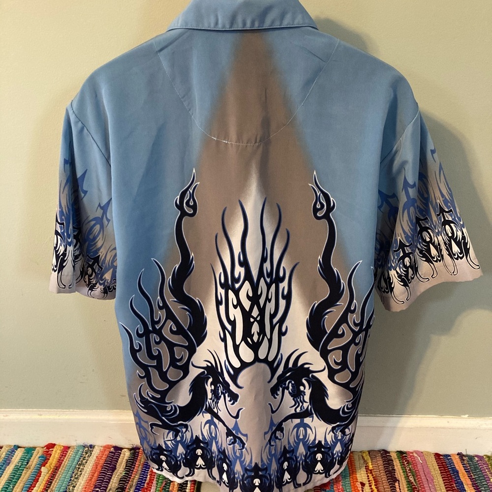 90s Dragon Fire Flames Geometric Button Shirt Polyester Medium - Picture 5 of 8